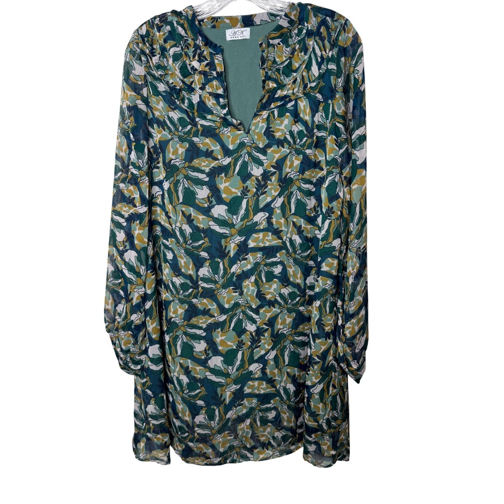 Anna Kay An'ge Green Floral Chiffon Tunic Dress Long Sleeve L Office Boho